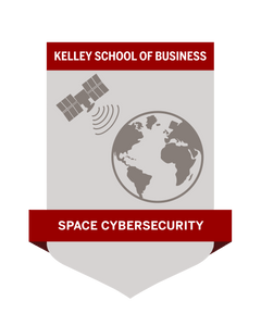 Digital Badge with a satellite transmitting a signal to earth reading Kelley School of Business Space Cybersecurity