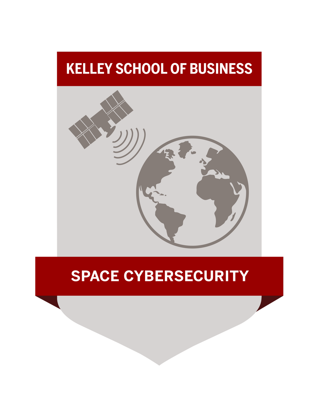 Digital Badge with a satellite transmitting a signal to earth reading Kelley School of Business Space Cybersecurity