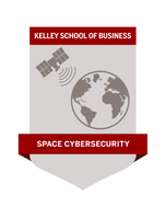 Digital Badge with a satellite transmitting a signal to earth reading Kelley School of Business Space Cybersecurity